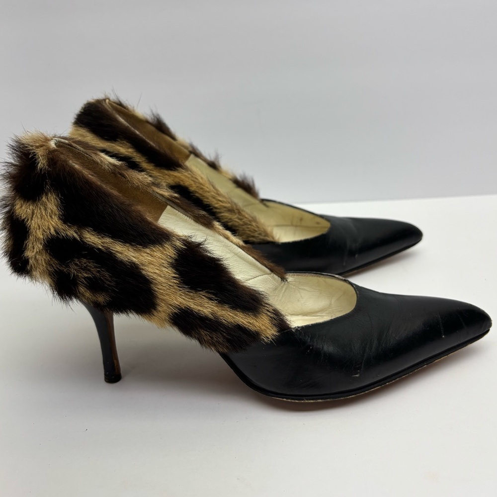 Black Leather Pumps with Leopard Fur Trim, SZ 8, box 29
